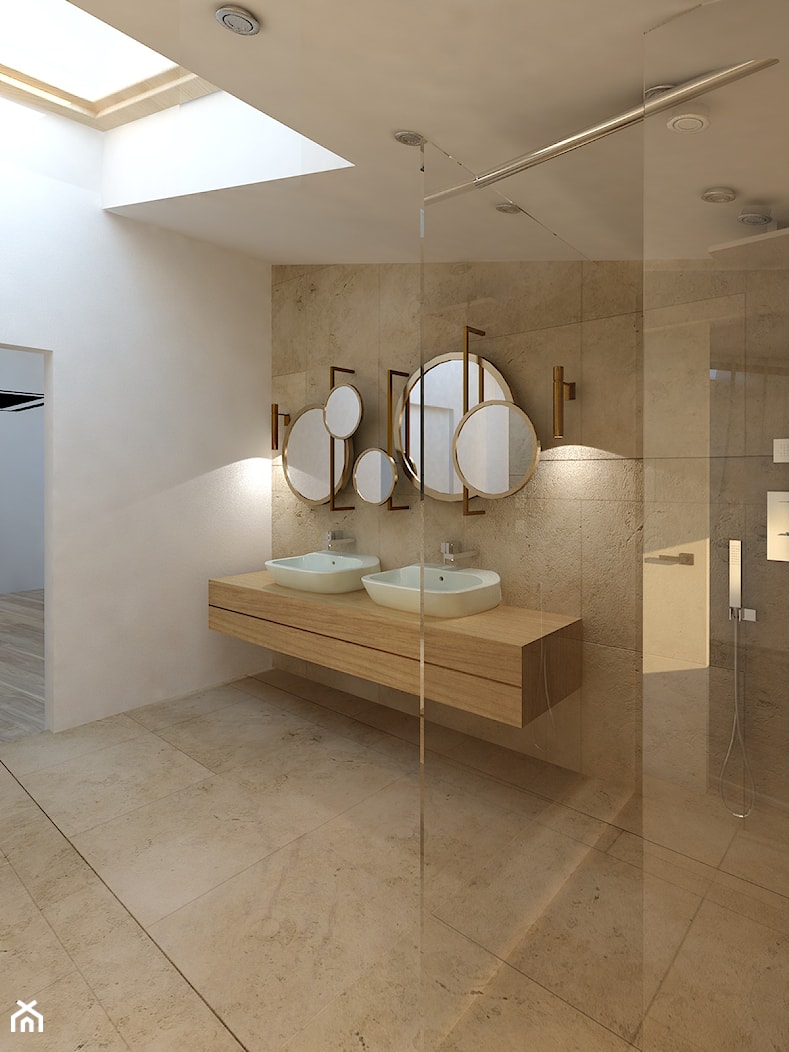 Stolarska II - Duża na poddaszu jako pokój kąpielowy z dwoma umywalkami z punktowym oświetleniem łazienka z oknem, styl minimalistyczny - zdjęcie od KONZEPT Architekci - Homebook