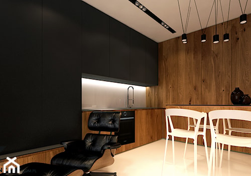 Pilotów - Mała otwarta z salonem biała brązowa z zabudowaną lodówką z podblatowym zlewozmywakiem kuchnia jednorzędowa, styl minimalistyczny - zdjęcie od KONZEPT Architekci