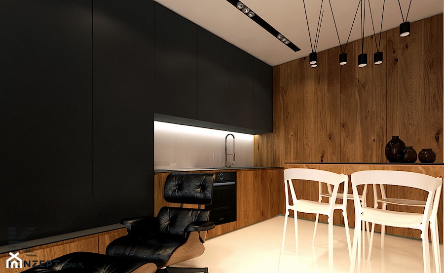 Pilotów - Mała otwarta z salonem biała brązowa z zabudowaną lodówką z podblatowym zlewozmywakiem kuchnia jednorzędowa, styl minimalistyczny - zdjęcie od KONZEPT Architekci