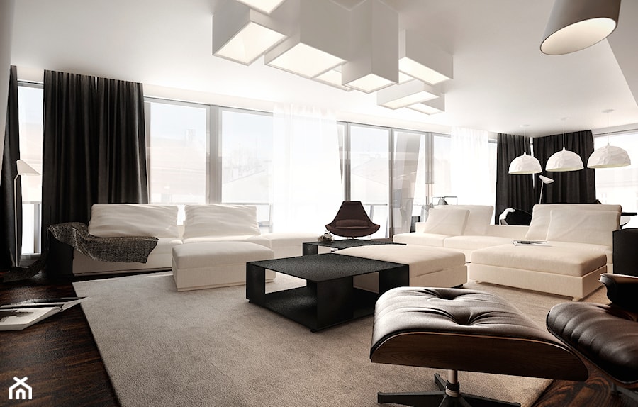 Miodowa - Duży biały salon z tarasem / balkonem, styl minimalistyczny - zdjęcie od KONZEPT Architekci