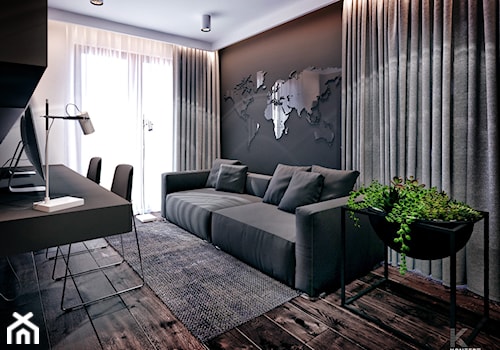 Wieliczka - Średnie w osobnym pomieszczeniu z sofą z zabudowanym biurkiem białe czarne biuro, styl ... - zdjęcie od KONZEPT Architekci