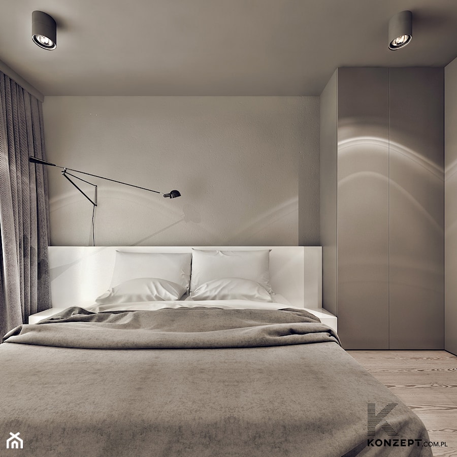 Plac Bohaterów Getta - Mała szara sypialnia, styl minimalistyczny - zdjęcie od KONZEPT Architekci