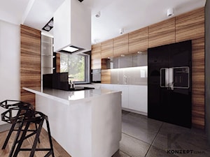 Cechowa - Duża otwarta z zabudowaną lodówką z lodówką wolnostojącą kuchnia jednorzędowa z wyspą lub półwyspem, styl minimalistyczny - zdjęcie od KONZEPT Architekci