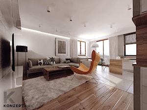 Grzegórzecka - Duży biały salon z jadalnią z tarasem / balkonem, styl minimalistyczny - zdjęcie od KONZEPT Architekci