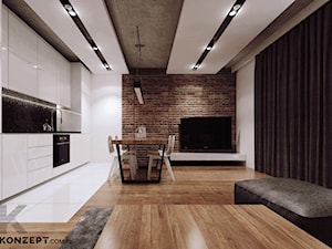 Piaskowa - Średnia otwarta z salonem z kamiennym blatem biała czarna z zabudowaną lodówką kuchnia jednorzędowa z kompozytem na ścianie nad blatem kuchennym z marmurem nad blatem kuchennym, styl minimalistyczny - zdjęcie od KONZEPT Architekci