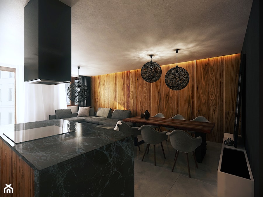 Pod Złotym Globem - Średnia czarna jadalnia w salonie w kuchni, styl minimalistyczny - zdjęcie od KONZEPT Architekci