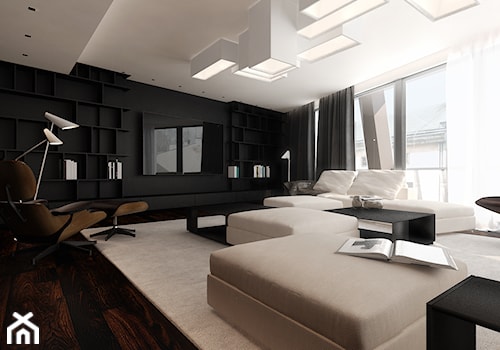 Miodowa - Duży czarny salon, styl minimalistyczny - zdjęcie od KONZEPT Architekci