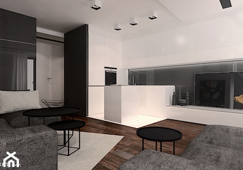 Angel City - Duży biały czarny salon z kuchnią, styl minimalistyczny - zdjęcie od KONZEPT Architekci