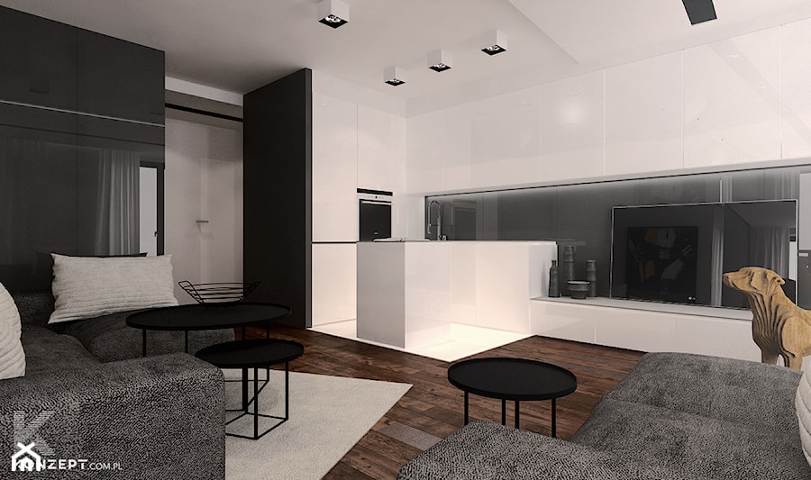 Angel City - Duży biały czarny salon z kuchnią, styl minimalistyczny - zdjęcie od KONZEPT Architekci