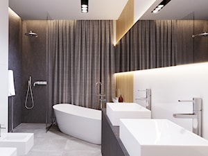 Tarnów - Średnia na poddaszu z lustrem z dwoma umywalkami łazienka z oknem - zdjęcie od KONZEPT Architekci