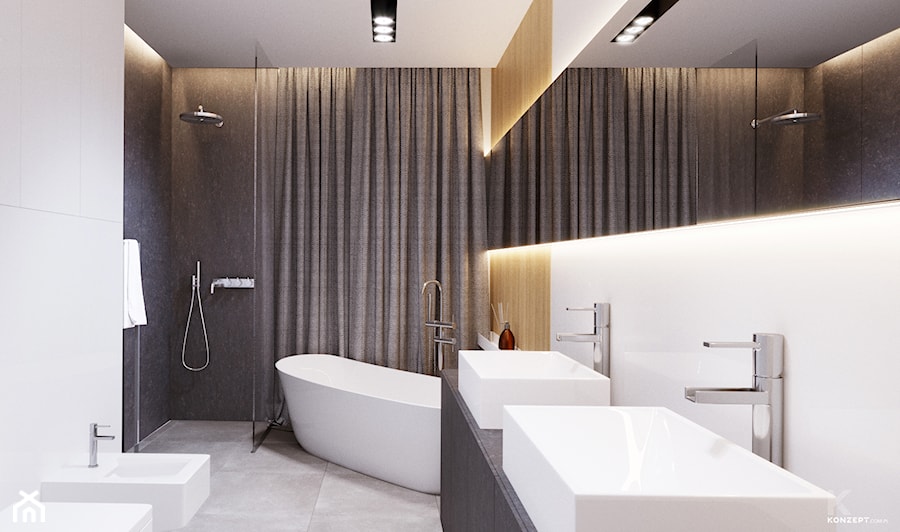 Tarnów - Średnia na poddaszu z lustrem z dwoma umywalkami łazienka z oknem - zdjęcie od KONZEPT Architekci