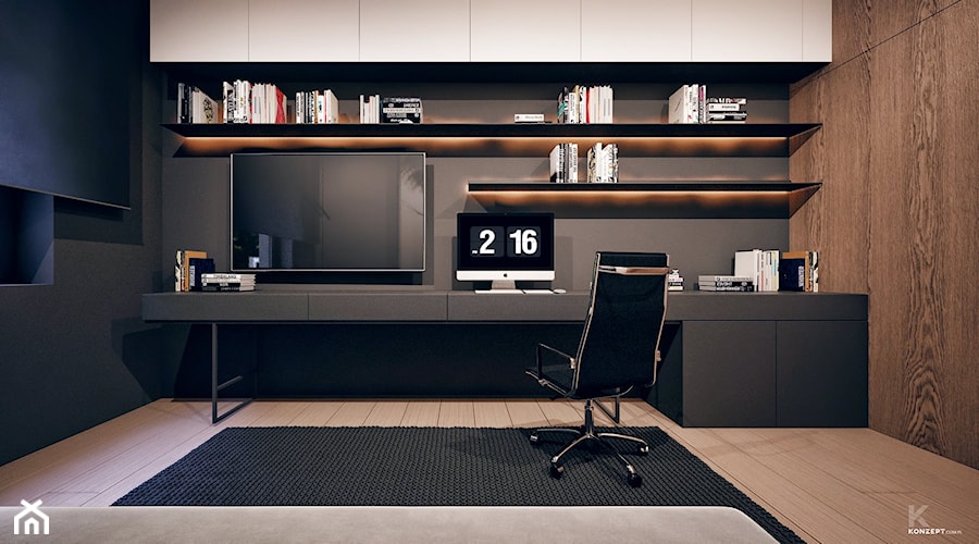 WARSZAWA II - Średnie w osobnym pomieszczeniu z zabudowanym biurkiem czarne biuro, styl nowoczesny - zdjęcie od KONZEPT Architekci