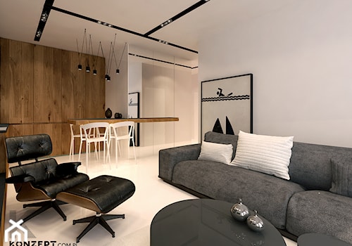 Pilotów - Średni biały salon z jadalnią, styl minimalistyczny - zdjęcie od KONZEPT Architekci