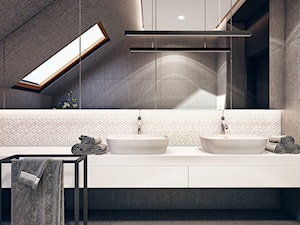 Bochnia - Średnia na poddaszu z lustrem z dwoma umywalkami łazienka z oknem - zdjęcie od KONZEPT Architekci