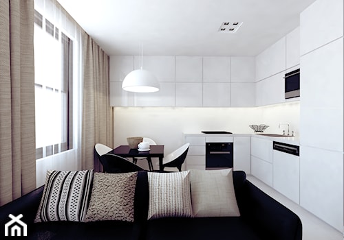 Angel Wawel II - Średnia otwarta biała z zabudowaną lodówką kuchnia w kształcie litery l z oknem, styl minimalistyczny - zdjęcie od KONZEPT Architekci