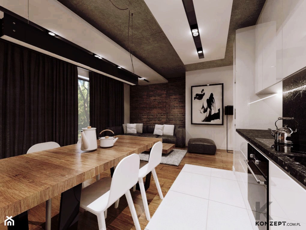 Piaskowa - Duża biała brązowa jadalnia w salonie, styl minimalistyczny - zdjęcie od KONZEPT Architekci - Homebook