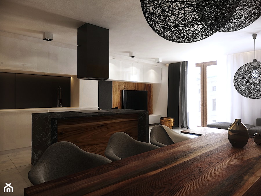 Pod Złotym Globem - Duża beżowa jadalnia w salonie w kuchni, styl minimalistyczny - zdjęcie od KONZEPT Architekci