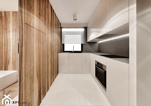 Grzegórzecka II - Średnia otwarta szara z zabudowaną lodówką z nablatowym zlewozmywakiem kuchnia w kształcie litery l, styl minimalistyczny - zdjęcie od KONZEPT Architekci