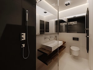 Daszyńskiego - Mała na poddaszu bez okna z lustrem z dwoma umywalkami z marmurową podłogą łazienka, styl minimalistyczny - zdjęcie od KONZEPT Architekci