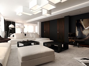 Miodowa - Duży biały czarny salon z jadalnią, styl minimalistyczny - zdjęcie od KONZEPT Architekci
