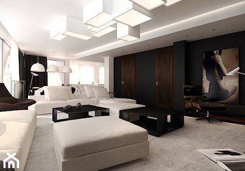 Miodowa - Duży biały czarny salon z jadalnią, styl minimalistyczny - zdjęcie od KONZEPT Architekci