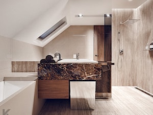 Masłomiąca - Średnia na poddaszu z lustrem z punktowym oświetleniem łazienka z oknem, styl minimalistyczny - zdjęcie od KONZEPT Architekci