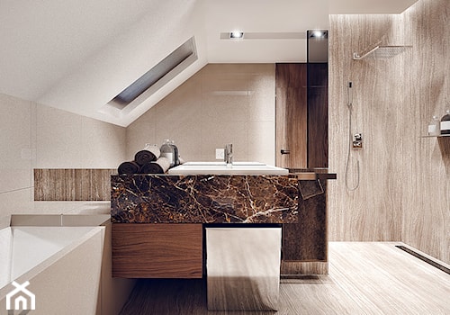 Masłomiąca - Średnia na poddaszu z lustrem z punktowym oświetleniem łazienka z oknem, styl minimalistyczny - zdjęcie od KONZEPT Architekci
