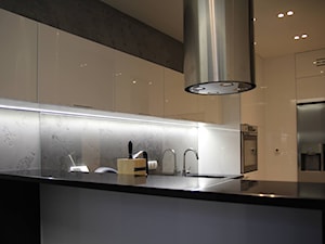 Monochromatyczny apartament 108m2 - Średnia otwarta z kamiennym blatem szara z zabudowaną lodówką z podblatowym zlewozmywakiem kuchnia w kształcie litery g, styl minimalistyczny - zdjęcie od Łukasz Milewski Architekt