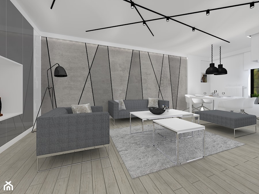 Monochromatyczny apartament 108m2 - Duży szary salon z jadalnią, styl minimalistyczny - zdjęcie od Łukasz Milewski Architekt