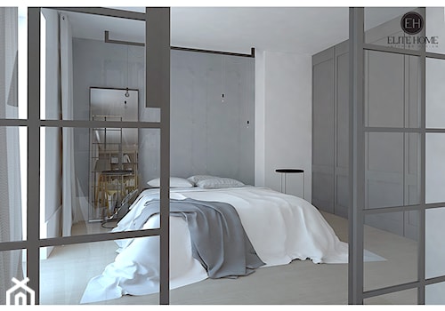 Mieszkanie pokazowe nr1 przy ul. Sikorskiego w Legionowie - Średnia biała szara sypialnia, styl skandynawski - zdjęcie od ELITE HOME