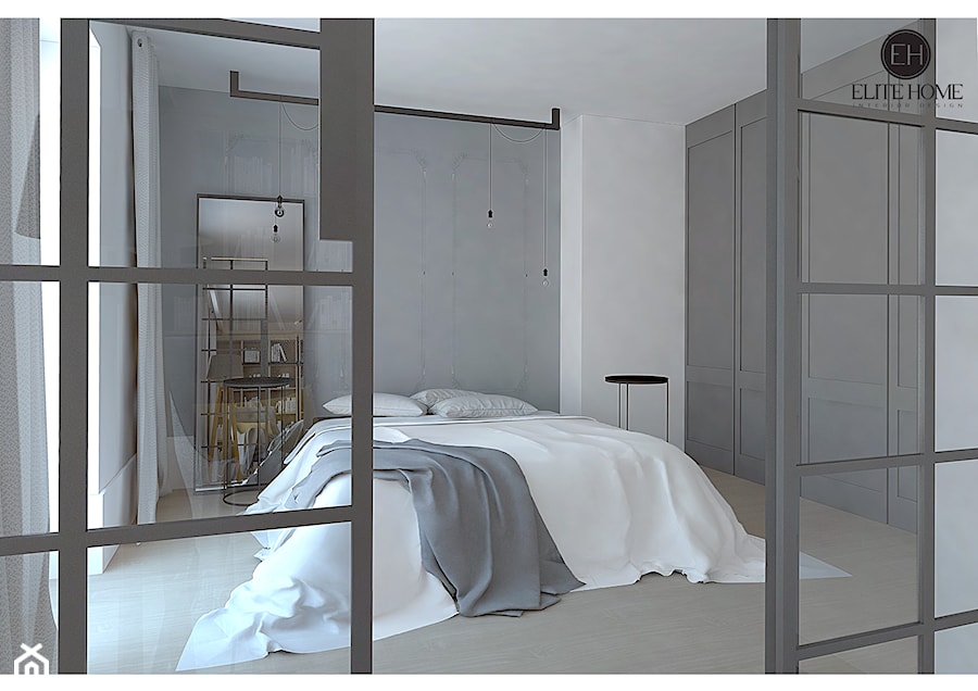 Mieszkanie pokazowe nr1 przy ul. Sikorskiego w Legionowie - Średnia biała szara sypialnia, styl skandynawski - zdjęcie od ELITE HOME