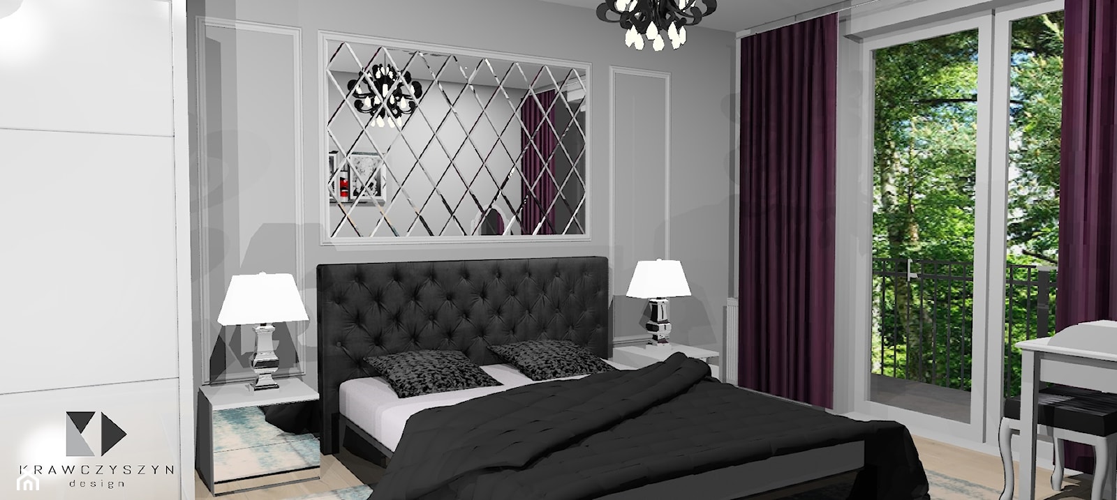 Sypialnia nowoczesna z nutką stylu glamour - Średnia szara sypialnia z balkonem / tarasem, styl nowoczesny - zdjęcie od Katarzyna Krawczyszyn - Homebook
