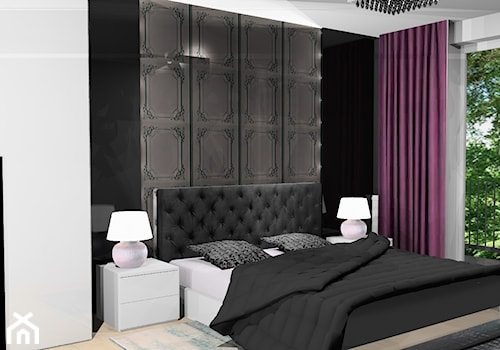 Sypialnia nowoczesna z nutką stylu glamour - Duża biała czarna sypialnia z balkonem / tarasem, styl nowoczesny - zdjęcie od Katarzyna Krawczyszyn
