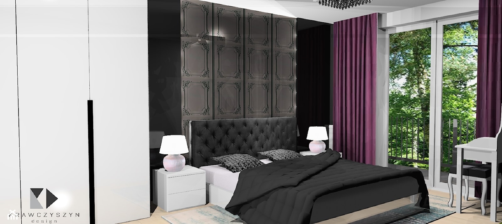 Sypialnia nowoczesna z nutką stylu glamour - Duża biała czarna sypialnia z balkonem / tarasem, styl nowoczesny - zdjęcie od Katarzyna Krawczyszyn - Homebook