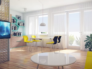 Mieszkanie Warszawa - Mały biały salon z jadalnią z tarasem / balkonem, styl nowoczesny - zdjęcie od Vostok Design