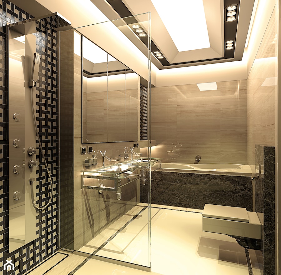 Projekt łazienki w apartamencie Lofty Platinum we Wrocławiu 1 - Średnia bez okna z dwoma umywalkami z punktowym oświetleniem łazienka, styl nowoczesny - zdjęcie od Żurek Studio