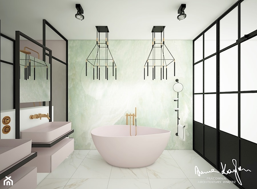 New Concept 2 - Średnia bez okna z lustrem z dwoma umywalkami z marmurową podłogą łazienka, styl nowoczesny - zdjęcie od Anna KarJan Pracownia architektury wnętrz