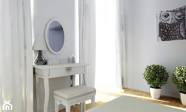 biała toaletka, owalne lustro na ścianie