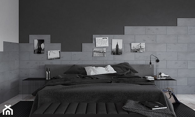 nowoczesna sypialnia z betonem na ścianie