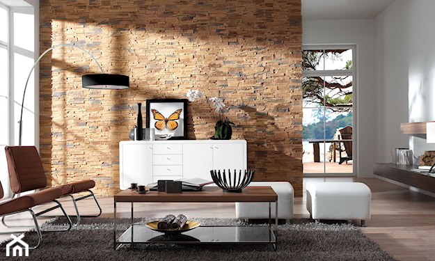 brązowy kamień dekoracyjny na ścianie w salonie