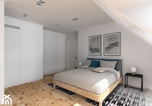 Apartament w kamienicy w Berlinie - Mała biała szara sypialnia na poddaszu, styl industrialny - zdjęcie od Anna Przybylska Design
