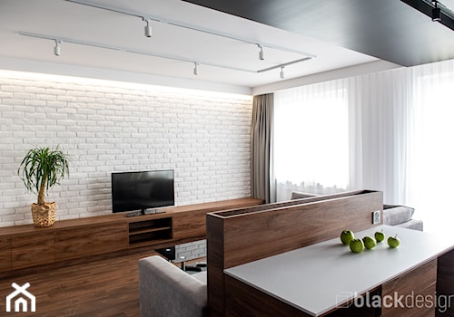Mieszkanie męskie - Średni beżowy biały salon z kuchnią, styl nowoczesny - zdjęcie od black design