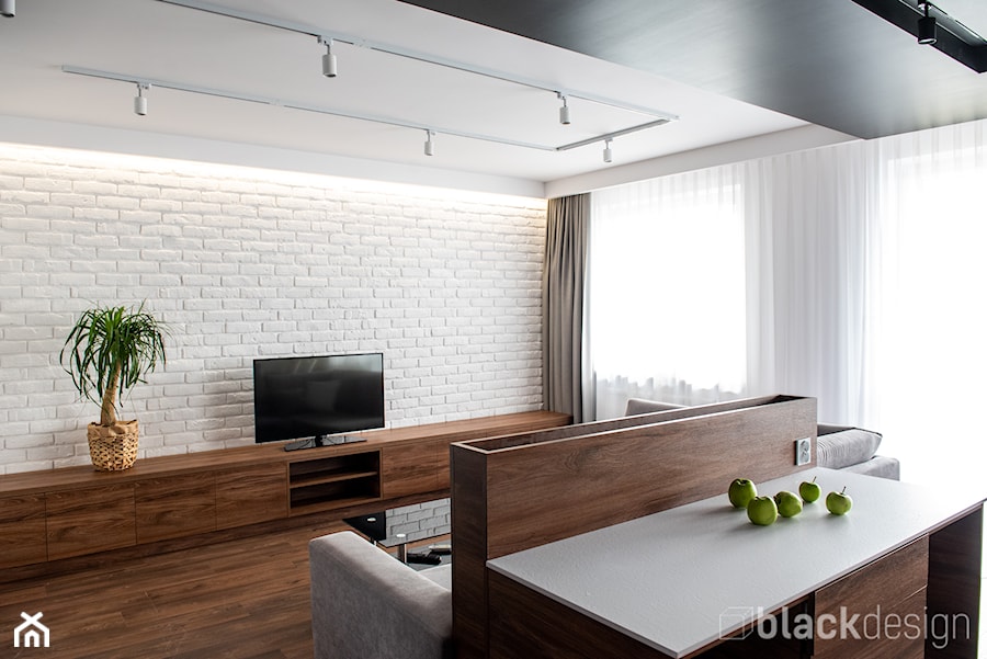 Białystok Mieszkanie 48 m2 - Średni beżowy biały salon z kuchnią, styl nowoczesny - zdjęcie od black design