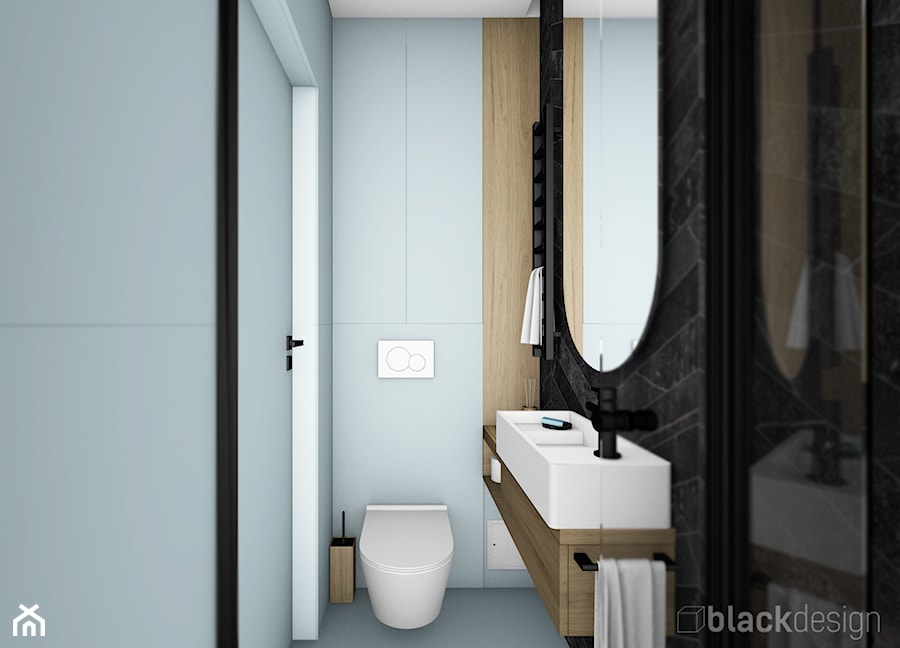 Mała łazienka: czerń+drewno+brudny błękit - zdjęcie od black design