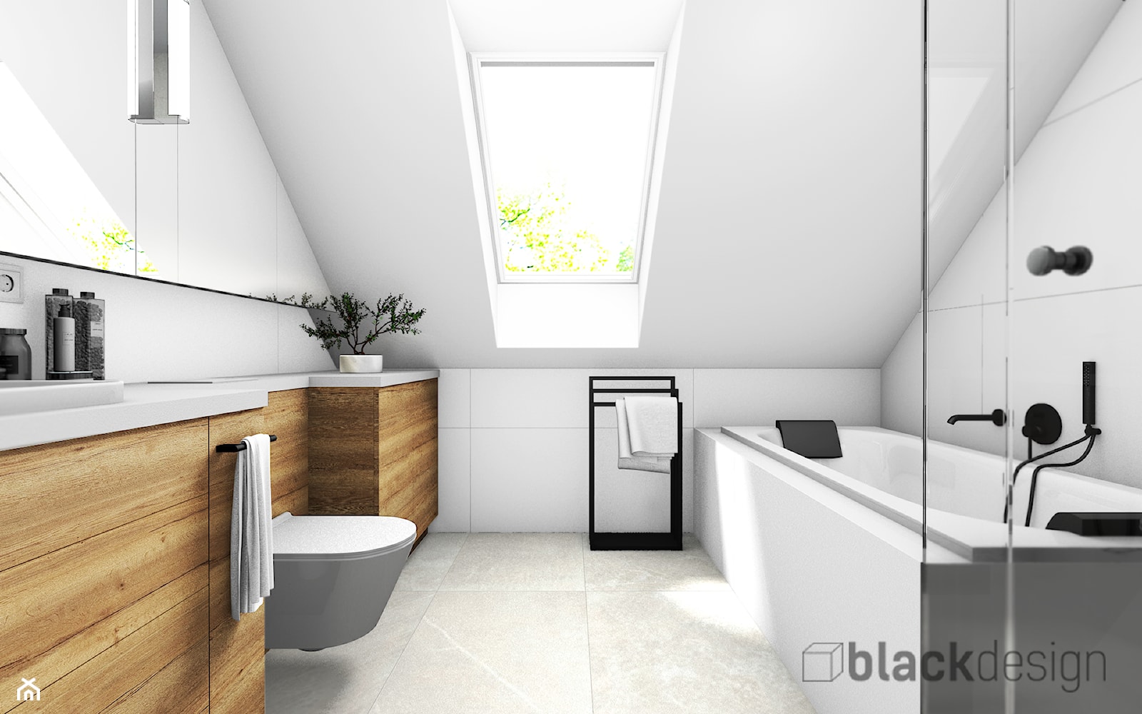 Łazienka z oknem na poddaszu, z wanną i prysznicem. - zdjęcie od black design - Homebook