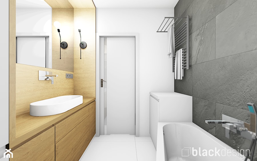 Średnia łazienka z pralką - Mała na poddaszu bez okna z pralką / suszarką z lustrem łazienka, styl nowoczesny - zdjęcie od black design