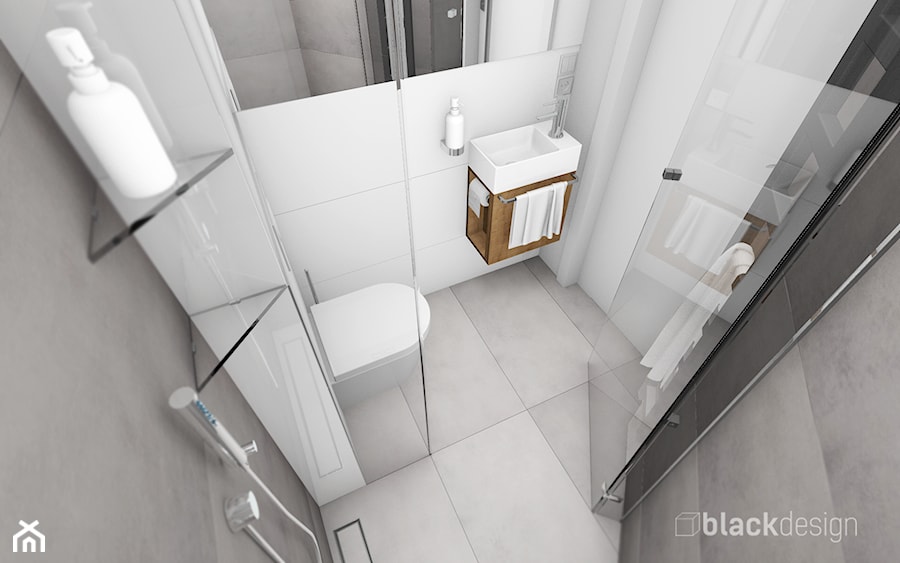 Mała łazienka w bloku - Mała na poddaszu bez okna z lustrem łazienka, styl nowoczesny - zdjęcie od black design