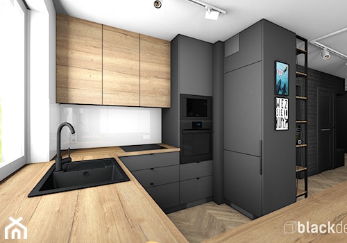 Gdynia Mieszkanie 70 m2 - Średnia otwarta biała czarna z zabudowaną lodówką z nablatowym zlewozmywakiem kuchnia w kształcie litery g z oknem, styl nowoczesny - zdjęcie od black design