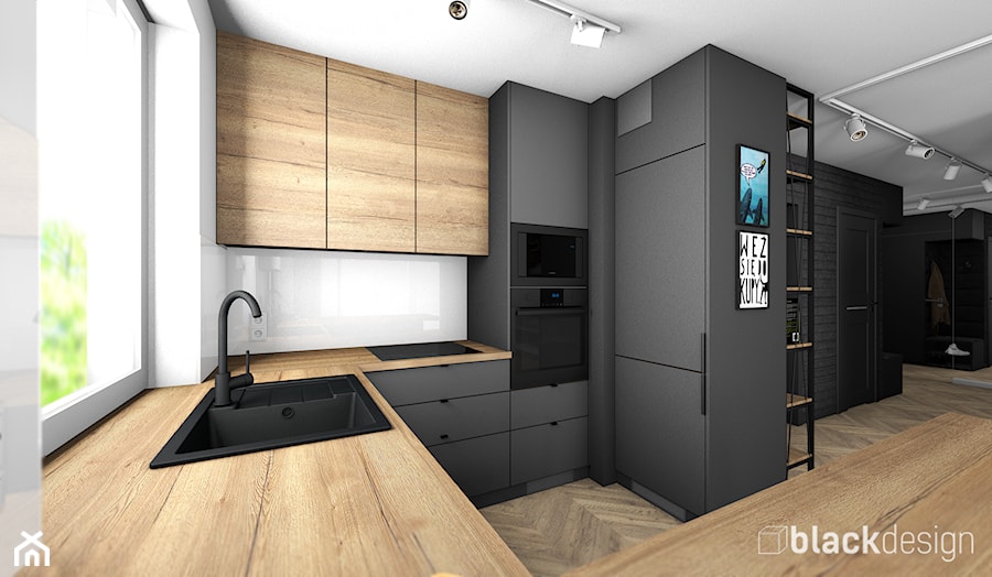 Gdynia Mieszkanie 70 m2 - Średnia otwarta biała czarna z zabudowaną lodówką z nablatowym zlewozmywakiem kuchnia w kształcie litery g z oknem, styl nowoczesny - zdjęcie od black design