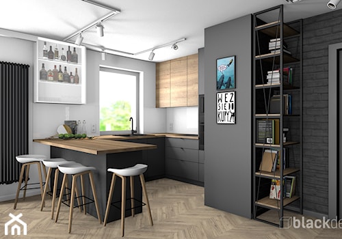 Gdynia Mieszkanie 70 m2 - Średnia otwarta z salonem biała czarna z zabudowaną lodówką z nablatowym zlewozmywakiem kuchnia w kształcie litery g z oknem, styl nowoczesny - zdjęcie od black design